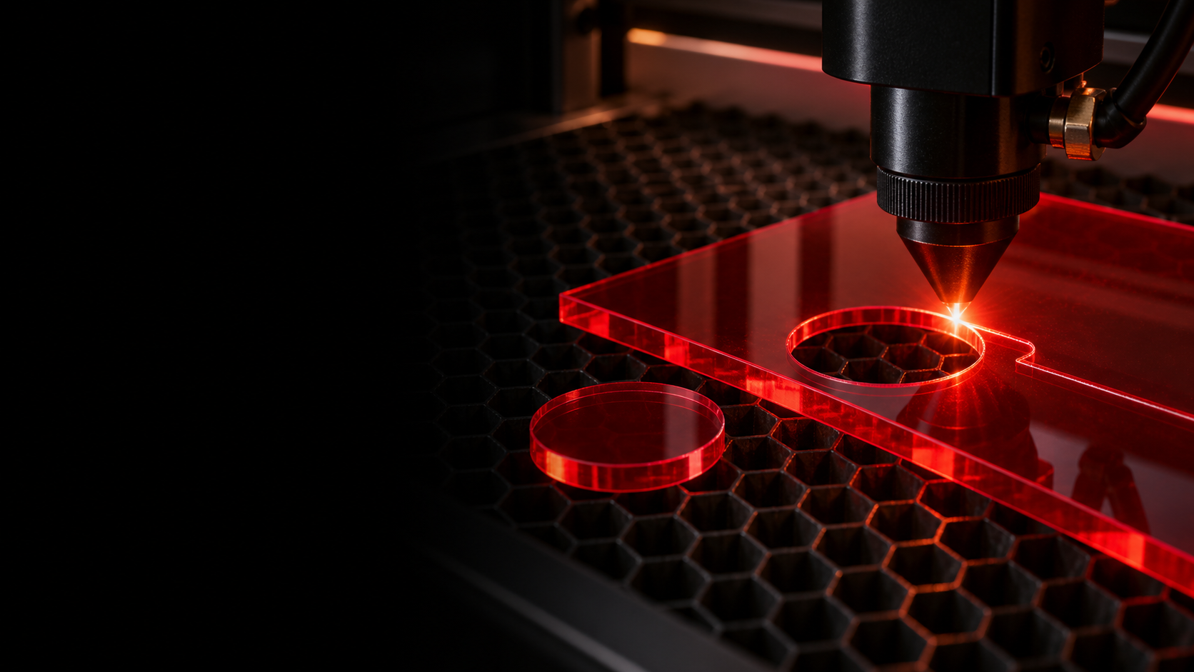 CO₂ laser processing transparent red cast acrylic on a honeycomb bed