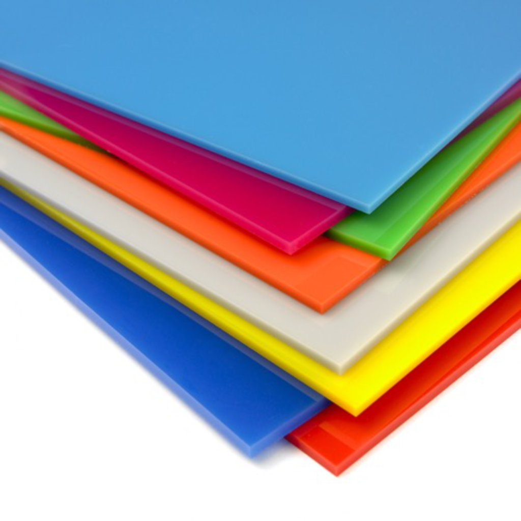 Stacked acrylic sheets in blue, pink, green, orange, white, yellow and red