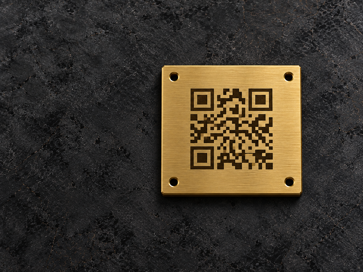 Illustrative 50 mm square brass QR identification tag with four fixing holes