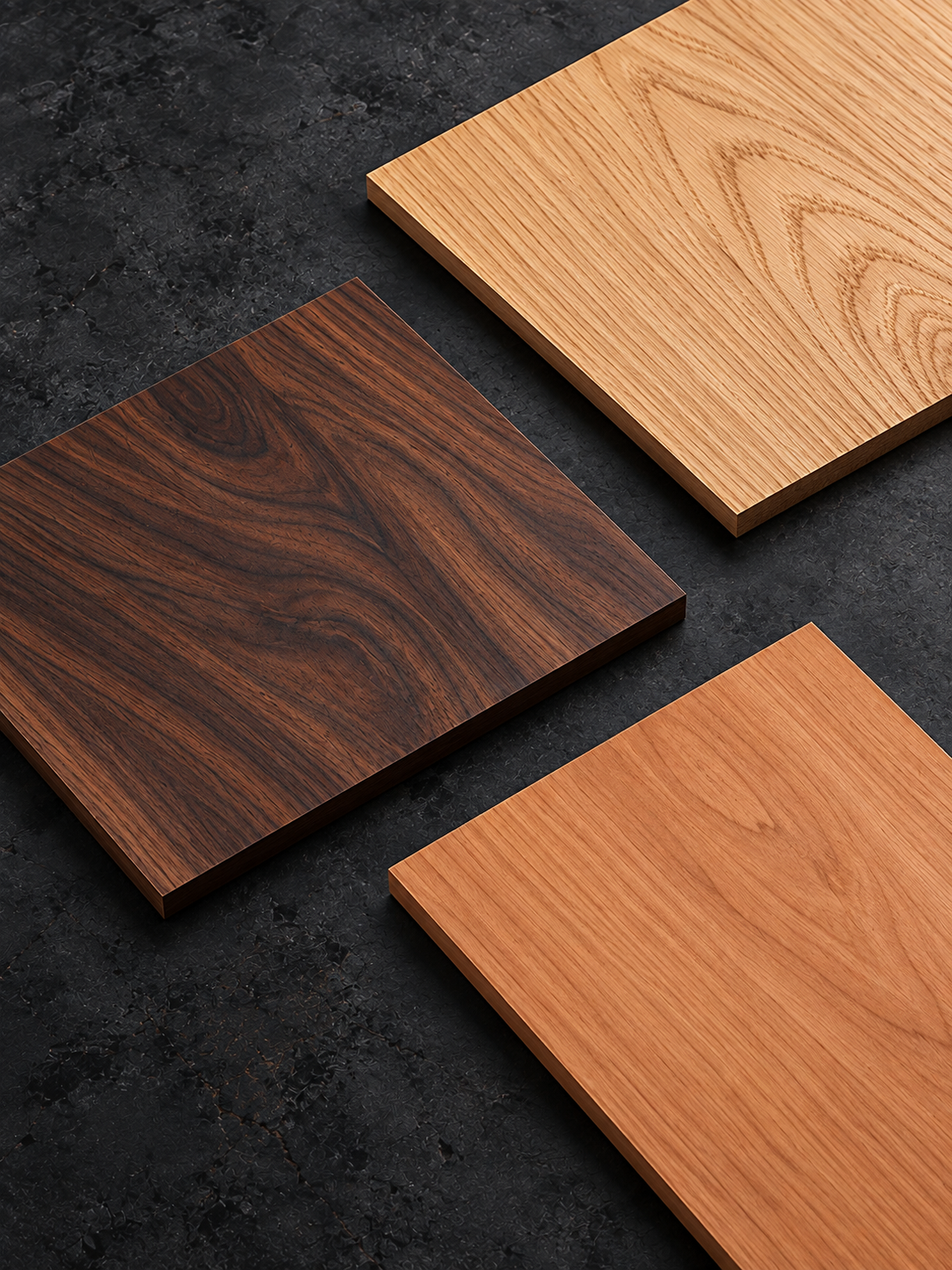 Three flat oak, walnut and alder sheet samples showing distinct grain and colour variation